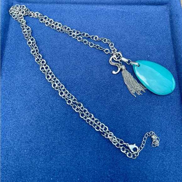 Silver colored necklace with large aqua colored stone, letter S & silver tassel - Picture 6 of 8